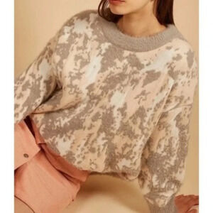FRNCH Grey Pink White Camo Abstract Print Eyelash Crew Neck Sweater Size S/M